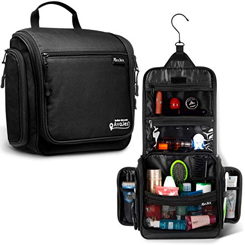 AvaJex Travel Toiletry Bag for Men - Large Dopp Kit (10.6"x10.6"x3.2") - Hanging Waterproof Mens Hygiene Organizer Bag with XXL Metal Swivel Hook, Sturdy Zippers and 19 Compartments for Toiletries - color: L Jet Black