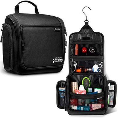 AvaJex Travel Toiletry Bag for Men - Large Dopp Kit (10.6"x10.6"x3.2") - Hanging Waterproof Mens Hygiene Organizer Bag with XXL Metal Swivel Hook, Sturdy Zippers and 19 Compartments for Toiletries - color: L Jet Black