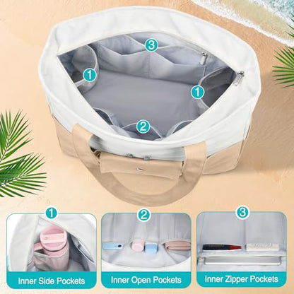 Beach Bags for Women Large Canvas Beach Tote with Zipper Wet Pocket, Waterproof Foldable Swim Pool Travel Tote Bags - color: Khaki