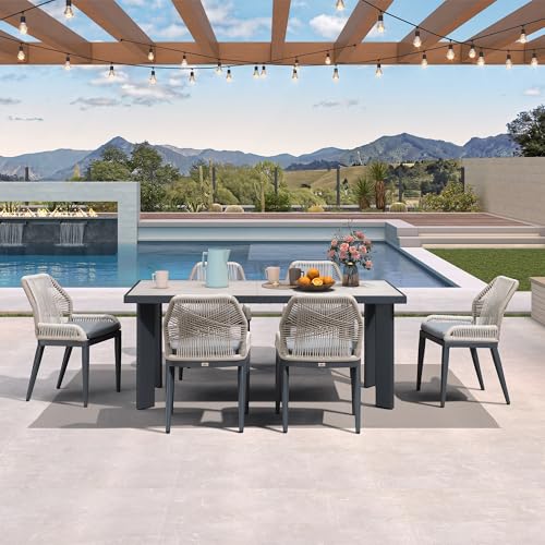 PURPLE LEAF 7 Pieces Patio Dining Set Aluminum Rectangular Table and Wicker Chairs with Cushions for Kitchen Porch Garden Modern Outdoor Furniture Sets, Beige and Dark Grey - color: Beige/Dark Grey, size: 7 PCS, style: Rectangular