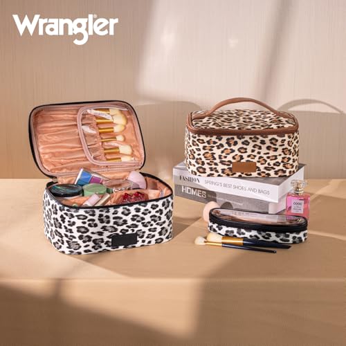 Montana West X Wrangler Travel Makeup Bag 2pcs Set Large Cosmetic Bag with Makeup Brush Holder Portable Make Up Organizer Cute Toiletry Bag with Divider and Handle for Women Leopard - color: Leopard-Black