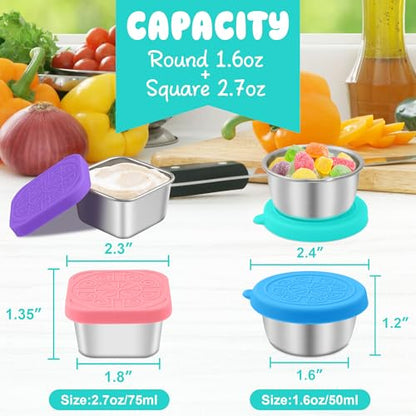 LIEMAND 6PCS Salad Dressing Container to Go, Leakproof Reusable Stainless Steel small container with lid,Sauce Containers for Lunch box,Picnics,Travel,Office and Meal Prep-1.6+2.7 Sets - color: Rainbow, size: 1.6oz Round+2.7oz Square