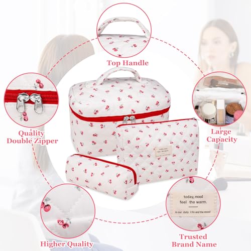 Gosect 3pc Makeup Bag Set, Quilted Makeup Bag Set, Large Floral Cosmetic Bag for Women, Cute Cotton Makeup Bags, Flower Travel Toiletry Organizer Bag (Pink Cherry Flowers) - color: Red Cherry