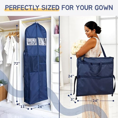 Wedding Dress Garment Bag 72" – Waterproof Trifold Travel Garment Bag for Bridal Gown with Shoulder Strap, Suitcase Sleeve & Accessory Pockets – Fits Full Skirts, Oxford Fabric, Carry Handle - color: Navy