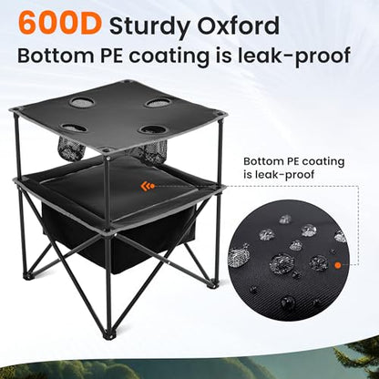 Portable Outdoor Folding Camping Table with 4 Cup Holders & Cooler Compartment, Waterproof Picnic Table for Picnic, BBQ, Beach, Hiking (Black) - color: Black