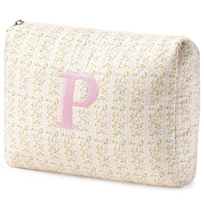 HBselect Initial Quilted Makeup Bag, Pink Cosmetic Travel Toiletry Bag, Flowers Coquette Zipper Make Up Pouch Organizer Teen Girl Gift Trendy Stuff P - color: 1Pc Medium Pinkflower, style: P