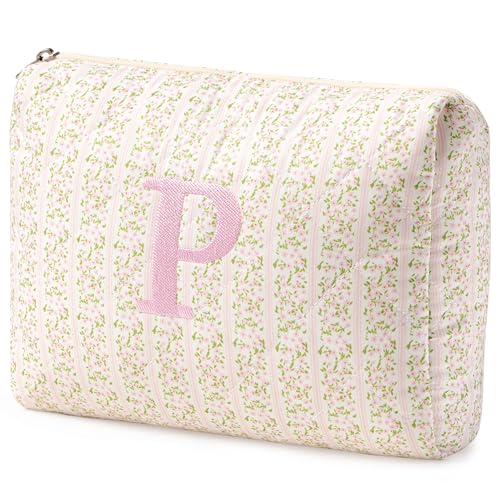 HBselect Initial Quilted Makeup Bag, Pink Cosmetic Travel Toiletry Bag, Flowers Coquette Zipper Make Up Pouch Organizer Teen Girl Gift Trendy Stuff P - color: 1Pc Medium Pinkflower, style: P