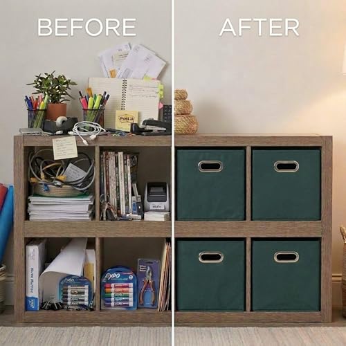Household Essentials Foldable Fabric Storage Cubes 6-Pack – 11x11x11 Stackable Non-Woven Bins with Chipboard Sides & Grommet Handles – Closet, Shelf, Nursery, or Office Organizer – Dark Green - color: Dark Green, size: 11” L x 11” W x 11” H