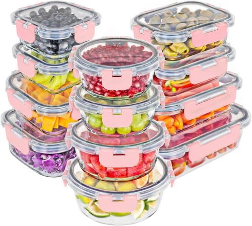 Magic Mill Premium Borosilicate Glass Food Storage Containers with lids Set | 24pc Sets with 12 Bowls & 12 Airtight Locking Lids for Lunch & Meal Prep, Safe for Oven, Freezer, Dishwasher, BPA-Free - color: Pink