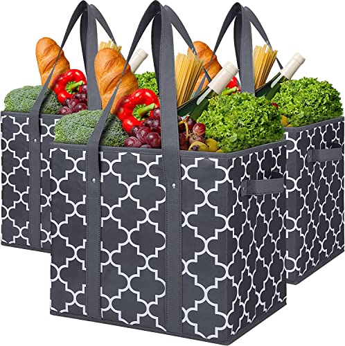 WISELIFE Reusable Grocery Bags 3-Pack Foldable Washable Large Storage Bins Basket Water Resistant Shopping Tote Bag Dark Grey - color: Dark Grey, size: 3 Pack