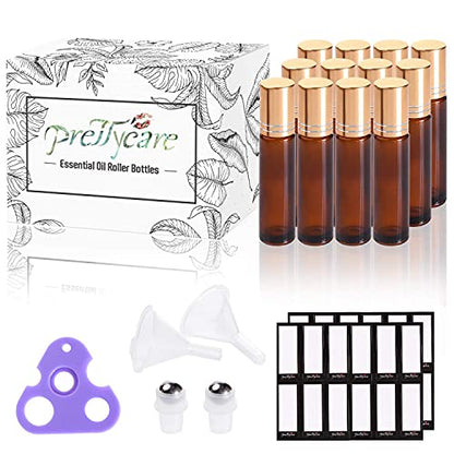 PrettyCare 12 Pack, 10 ml Essential Oil Roller Bottles with Stainless Steel Roller Ball - Refillable Leak-proof Empty Thick Amber Glass Roll on Bottles with Metal Caps for Travel, Perfume - color: Amber with Golden Cap, size: 12 Pack