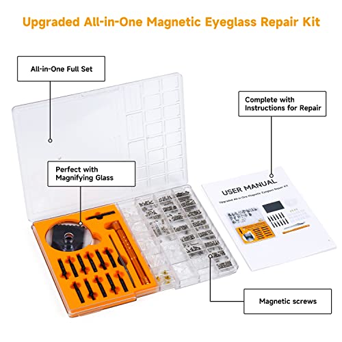 Upgraded All-in-One Magnetic Eyeglass Repair kit with Magnifying Glass, Repair Tool Kit with 12 Interchangeable Screwdriver Bits, Nose Pads, Screws and Tweezer for Eyeglass, Sunglass, Watch, Laptop