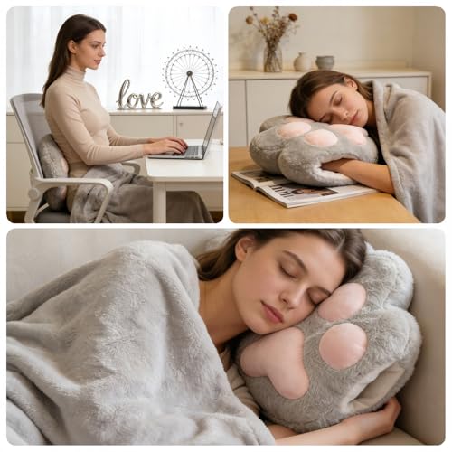 RYOLOY Cat Paw Warm Hand Pillow,with 66 * 35Inch Travel Blanket,2 in 1 Travel Pillow and Blanket Set,for Car Office Camping Essentials (Grey) - color: Grey
