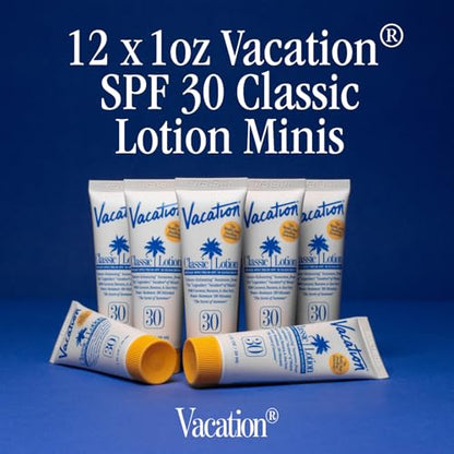 Vacation Mini Classic SPF 30 Sunscreen Lotion, 1 Fluid Ounce, Pack of 12 - Invisible, No White Cast, Water-Resistant, Vegan, Dermatologist-Tested, Travel Size - size: 1 Fl Oz (Pack of 12), style: SPF 30