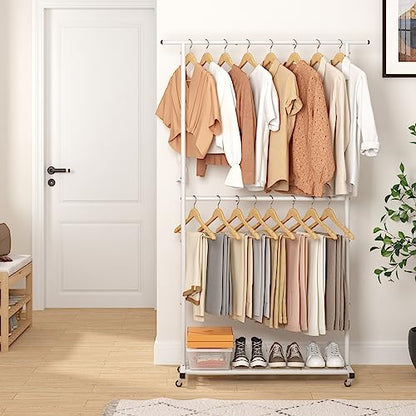Sywhitta Double Rod Clothing Garment Rack, Rolling Coat Hanger with Bottom Mesh, Clothing Rack for Hanging Clothes, Coats, Skirts, Sweaters, White - color: White, size: With mesh