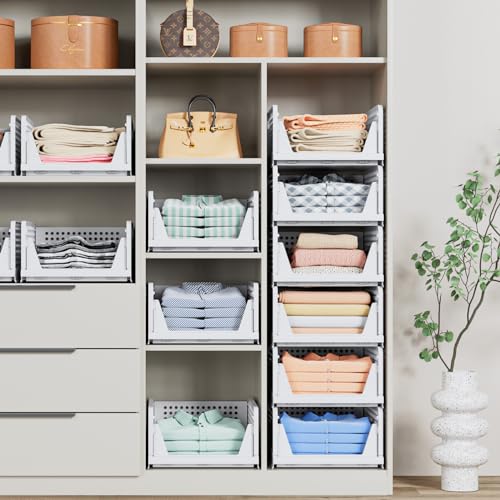 caktraie 4 Pack Stackable Closet Storage Basket - Stackable Storage Bins, Multifunctional & Foldable Closet Organizer Divided, Wardrobe Cupboard Space-Saving Clothes Storage Hat Organizer, White - size: 4 Pack White