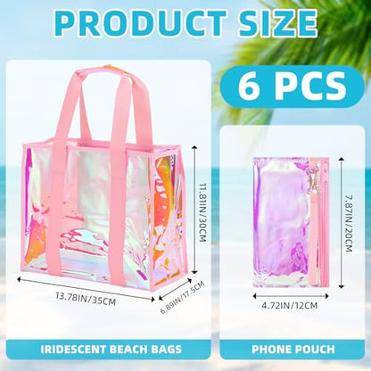 Hsei 6 Pcs Clear Iridescent Beach Bag with Phone Pouch for Women Beach Travel Large Waterproof Tote Bags for Vacation Picnic - color: Iridescent Pink