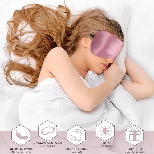 Sleep Mask, Silk Eye Mask for Sleeping with Adjustable Strap, Satin Blackout Sleeping Eye Mask for Men&Women, Comfortable Blindfold Eyeshade for Night Sleep(22 Momme Pink) - color: 22 Momme-pink