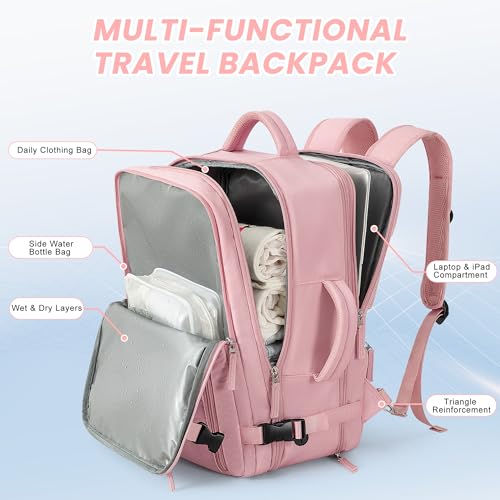 Beraliy Large Travel Backpack for Women, Personal Item Bag Airline Approved, Carry On Luggage, 17 inch Laptop Backpack, Waterproof Backpack, Hiking Backpack, Pink - color: Pink, size: X-Large
