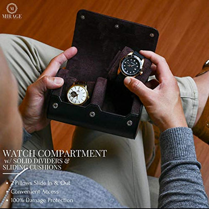2 Watch Case for Men - Watch Roll Travel Case - Jade Black Motif Vegan Leather - color: Jade Black 2-watch case