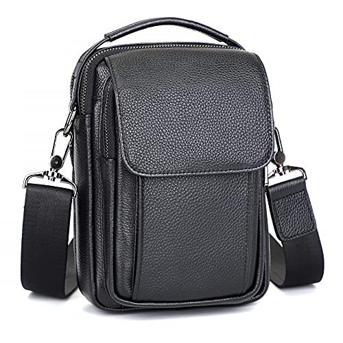 Augus Leather Small Messenger Bag For Men Crossbody Handbag Shoulder Sling Travel Bags for Men Purse Daypack Magnetic Buckle - color: Black