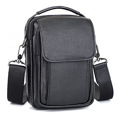 Augus Leather Small Messenger Bag For Men Crossbody Handbag Shoulder Sling Travel Bags for Men Purse Daypack Magnetic Buckle - color: Black