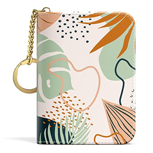 Aiawoxc Credit Card Holder for Women, Small RFID Wallet Slim Leather Card Organizer Case with Zipper and Keychain, Boho Leaves - color: B-Leaf, size: Keychain
