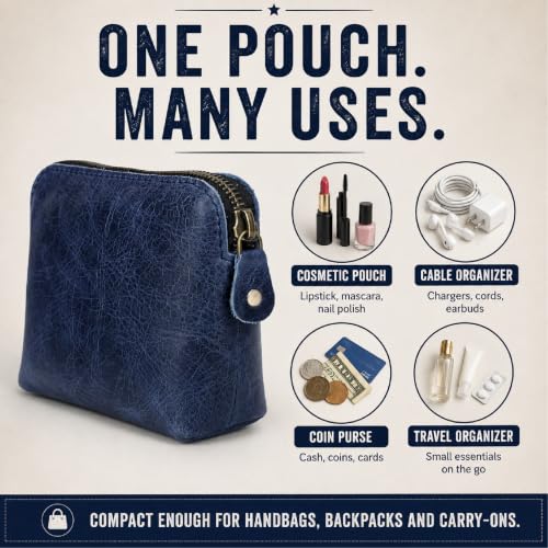 Full Grain Leather Cosmetic Bag – Zippered Makeup Pouch for Women, Small Travel Toiletry & Organizer Pouch for Purse, Premium Handmade Leather (5 × 4 × 2.5 in) - color: Blue