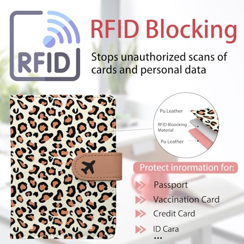Passport Holder, Travel Wallet Cover with Pen Loop | Cute RFID Blocking Leather Case with Magnetic Closure for Travel Essentials-Leopard - color: J-Leopard