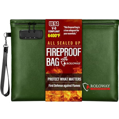 ROLOWAY Fireproof Document Bag (14.5 x 11.5 inch), 6400℉ Fireproof Money Bag with Zipper for Cash, Fire Safe Money Pouch with Lock (Green) - color: Green