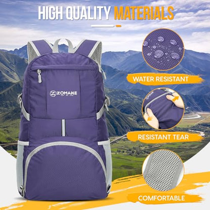 ZOMAKE Lightweight Packable Backpack 35L, Light Foldable Backpacks Water Resistant Collapsible Hiking Bag, Compact Folding Day Pack for Travel Camping(Purple) - color: Purple