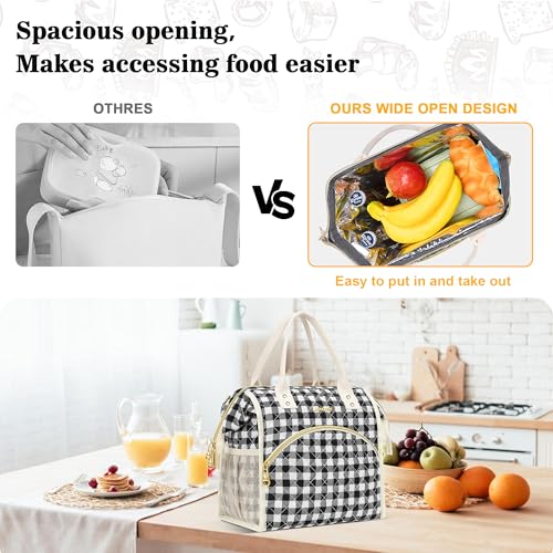 LOKASS Insulated Lunch Bag Women- Reusable 10 L Lunch Box for Women - Leakproof Tote Cooler Bag for Adults Work, Beach, Travel, Picnic （Black&White Diamond Grid） - color: Black Check