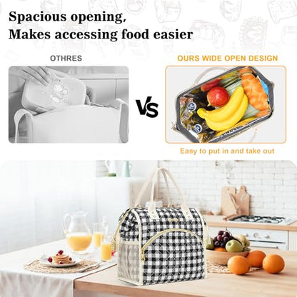 LOKASS Insulated Lunch Bag Women- Reusable 10 L Lunch Box for Women - Leakproof Tote Cooler Bag for Adults Work, Beach, Travel, Picnic （Black&White Diamond Grid） - color: Black Check