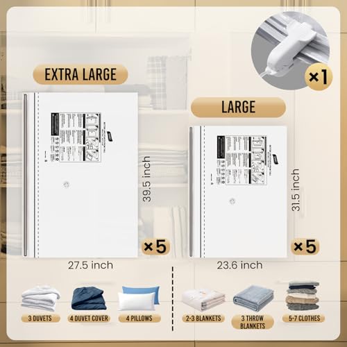 TAILI 10 Pack Vacuum Storage Bags, LONG SIDE ZIP (5 Large+5 Jumbo), Multi-Size Vacuum Seal Bags for Clothing, Storage Bulky Beddings, Comforters and Clothes, Space Saver for Closet Organization - size: 10 Combo