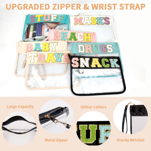 Iqimott Chenille Letter Clear Bag Stuff Pouch, Monogram PVC & PU Makeup Cosmetic Bag Zipper Toiletry Pouch, Waterproof Portable Purse Travel Beach Snack Wristlet Bags for Women Girls(Stuff, Black) - color: Stuff-Black
