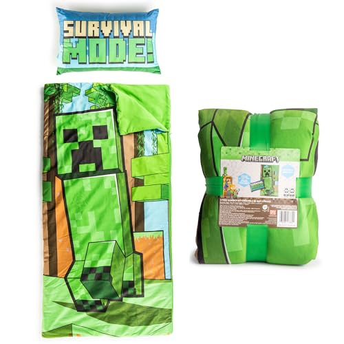 Jay Franco Kids Slumber Bag and Pillow - 54 x 27 Inch Comfy Indoor Sleeping Bag for School and Sleepovers, 2 Piece Set, Green - Minecraft - color: Green - Minecraft