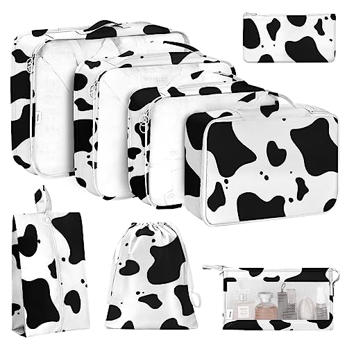 KPX 8 Set Packing Cubes for Travel, Luggage Packing Organizers Accessories Large Toiletries Bag for Clothes Shoes Cosmetics (Cow) - color: 8Set-Cow