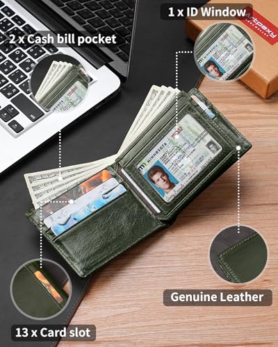 Artpaxy Mens Wallet Bifold Genuine Leather RFID Blocking Wallet for Men with 1 ID Windows 13 Card Holders 2 cash pockets 1 Gift Box - color: Green