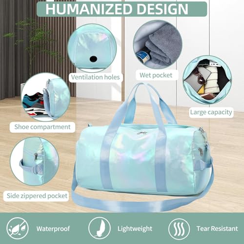Gym Bag Sports Duffle Bag with Wet Pocket Weekender Overnight Bag with Waterproof Shoe Compartment for Girls Kids Women Travel Dance Yoga Workout Bag (Green) - color: Green