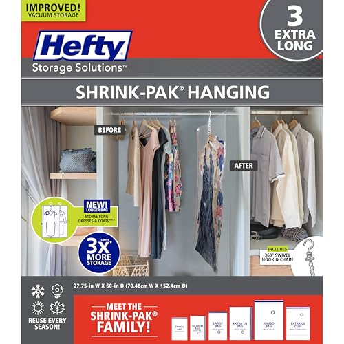 Hefty Hanging Compression Bags 3 Extra Long Vacuum Garment Storage Bags for Clothes, Travel, Closet Organization (60 X 27 Inches) (X-Large) - size: X-Large
