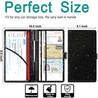 RSAquar Car Registration and Insurance Holder, Vehicle Glove Box Organizer Cool Car Accessories, Auto Truck Document Holder for Cards, Driver License, Black Glitter - color: AAA Glitter Black