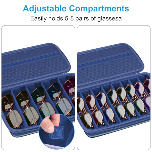 Fintie Travel Sunglasses Organizer Case with 8-Slot Adjustable Compartments, Hard EVA Eyeglasses Storage Bag for Men Women, Dark Blue - color: Dark Blue
