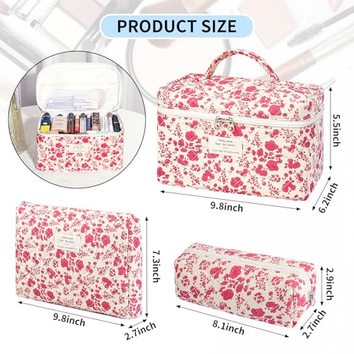 senbowe Floral Makeup Bag, 3 Pack Large Cotton Quilted Makeup Bag Set, Cute Floral Coquette Aesthetic Toiletry Bag Make Up Cosmetic Bag for Women, Toiletry Travel Make Up Organizer Bag - color: Rose Red Flower