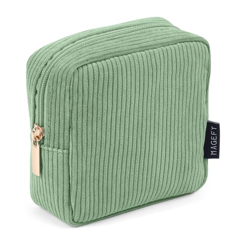 MAGEFY Small Makeup Bag for Purse Mini Cosmetics Bag Corduroy Cute Cosmetic Pouch for Women with Slip-in Pockets - color: Small-Green-1pcs