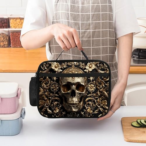 Skull Floral Lunch Bag Insulated Reusable Lunch Box Cooler Thermal Tote Bag For Teenage Boys Girls School Beach - color: Skull Floral