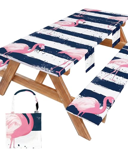 Picnic Table Cover with Bench Covers Elastic Table Cloth Cool Fun Unique Ideas Birthday Christmas Xmas Valentine's Day Camping Gifts for Camper RV Owner Camping Lovers Couple Women Men Mother Father - color: Blue Striped Flamingo, size: 72in