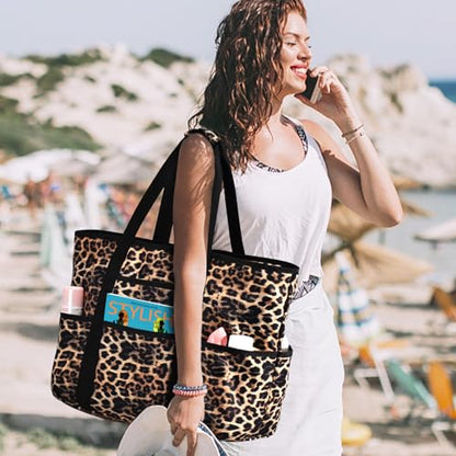 Becokan Beach Bags for Women Large Beach Tote Bag with Zipper Pockets Beach Bag Waterproof Sandproof Travel Nurse Tote Bag - color: Leopard New