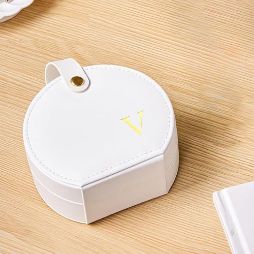 Travel Jewelry Case,Personalized Jewelry Box,Elegant Half-Moon Design with Personalized Golden Initial Case,Personalized Gifts for Women,Jewelry organizer;Personalized Gifts for Women or Friends(V) - style: V