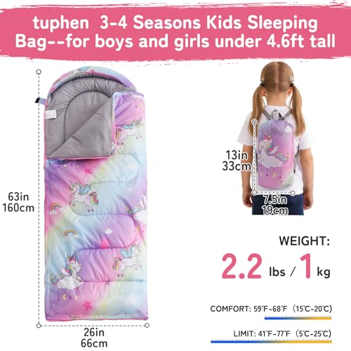 tuphen Kids Sleeping Bag - 50-77℉ 3-Season Waterproof Sleeping Bag for Boys & Girls, Lightweight 2.2 lbs Camping Gear with Compression Bag Ideal for Camping, Hiking, Indoor - color: Purple