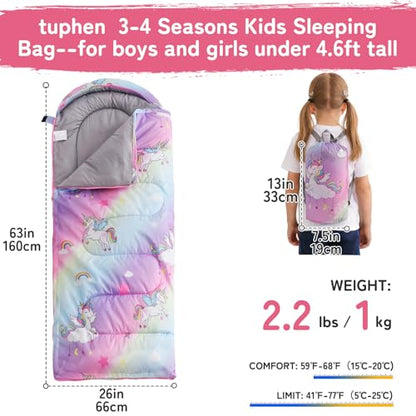 tuphen Kids Sleeping Bag - 50-77℉ 3-Season Waterproof Sleeping Bag for Boys & Girls, Lightweight 2.2 lbs Camping Gear with Compression Bag Ideal for Camping, Hiking, Indoor - color: Purple